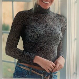 Express Vintage Brown Lace Turtleneck Top